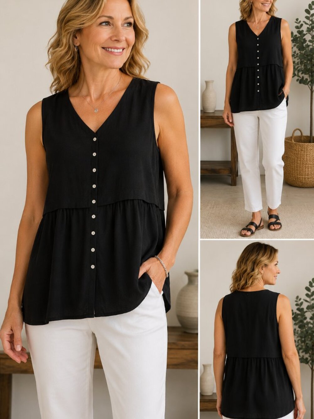 J Jill Petite Medium Black 100% Rayon Sleeveless Tank Blouse Button Front Top